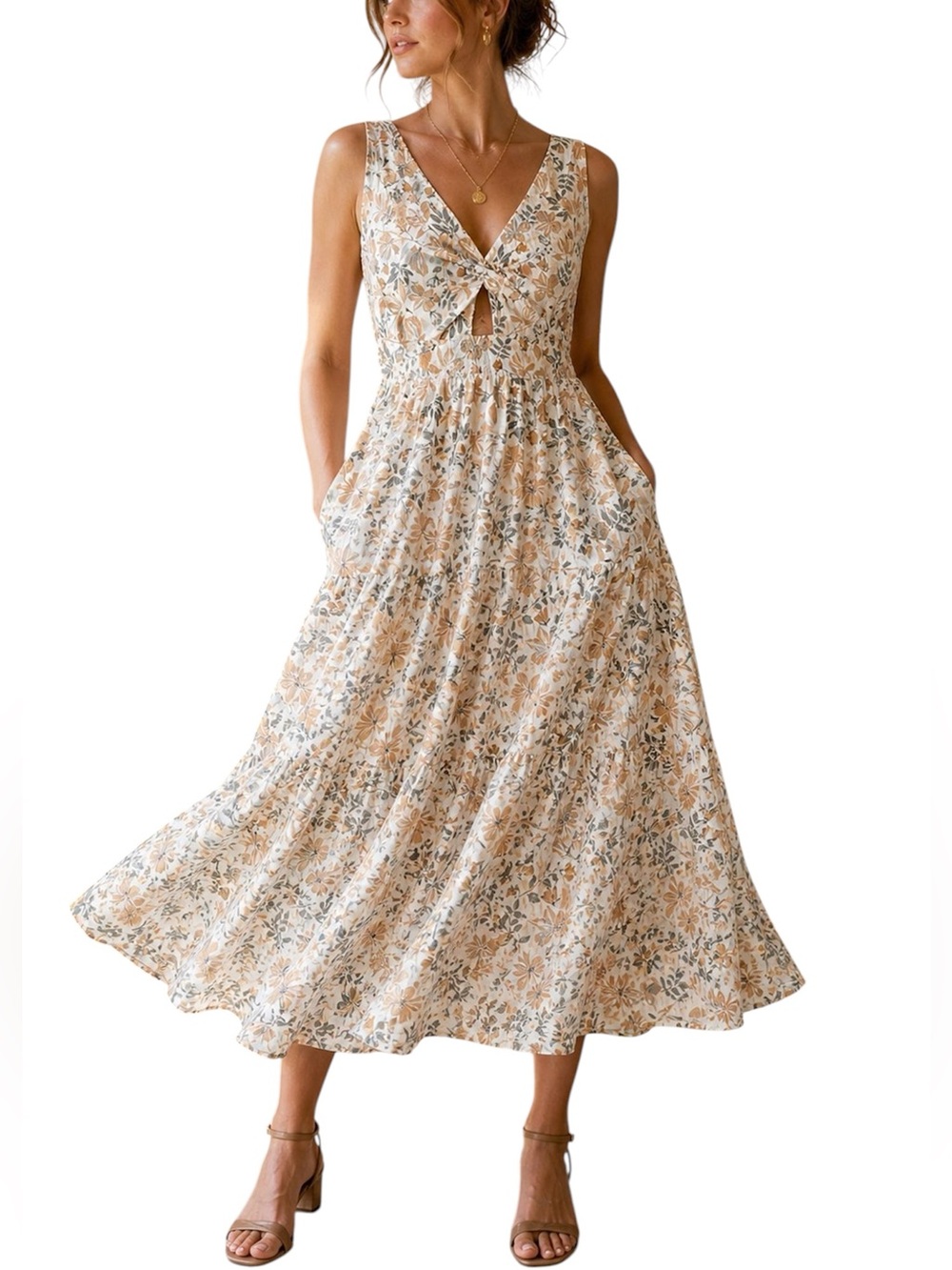 Joie Floral V-Neck Midi Dress in Cream, Peach and Sage